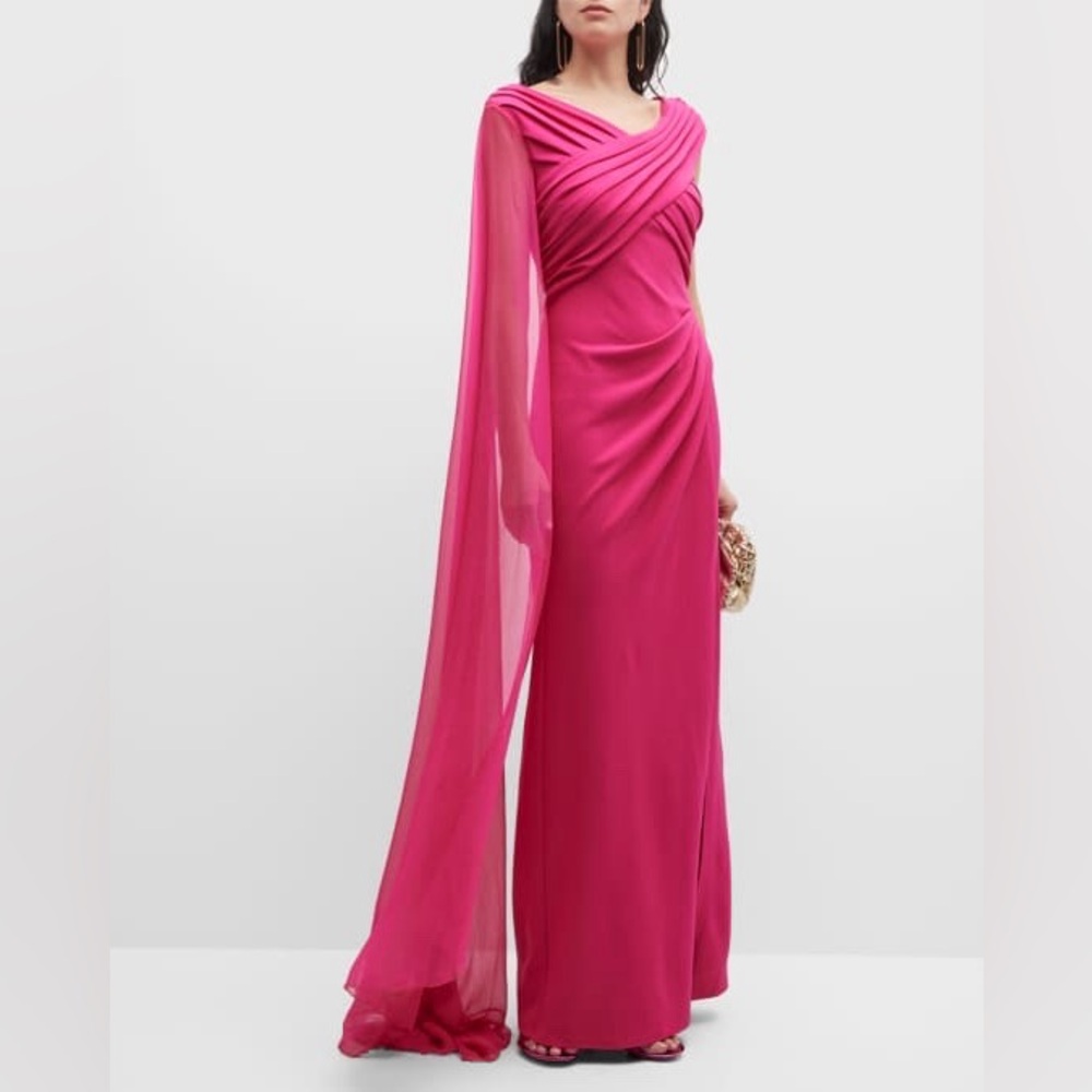 Tadashi Shoji Pink Pleated Crepe Chiffon Cape Gown